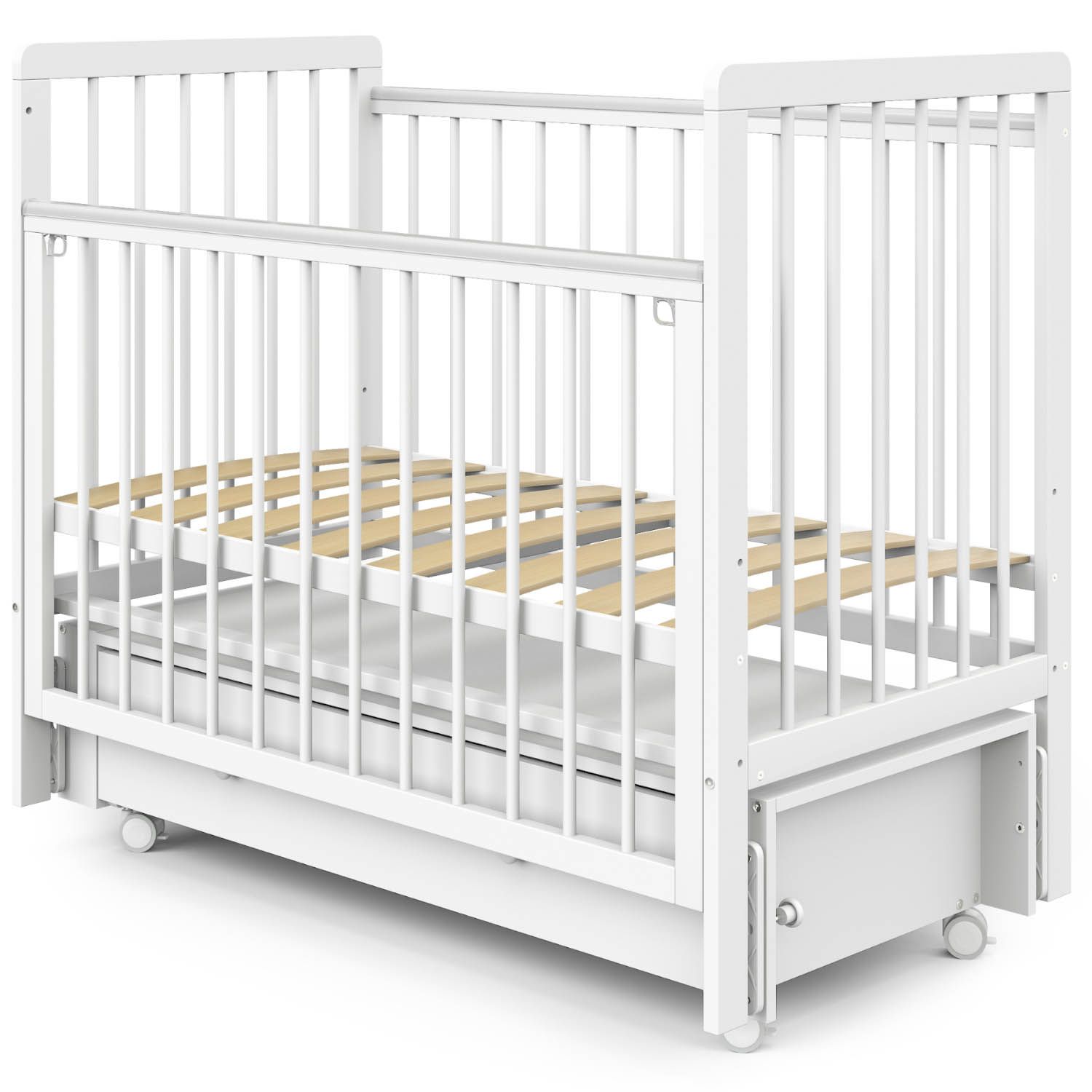 Кровать детская Indigo Vista, продольный маятник, ящик, белая аляска